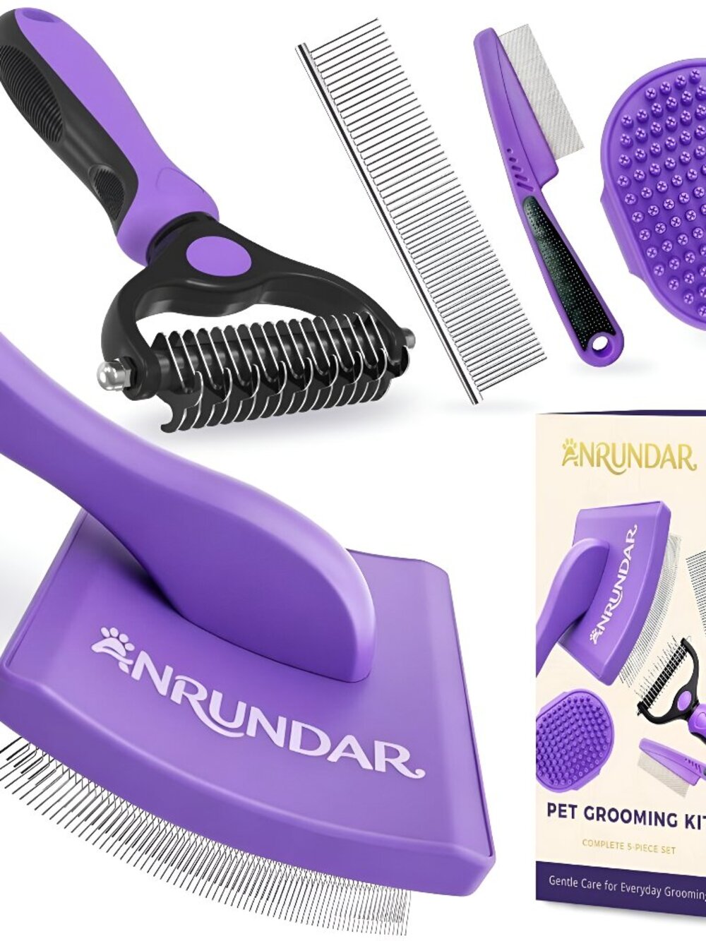 5PCS Dog Grooming Kit with Long Pin Slicker Brush for Dogs, Violet - D